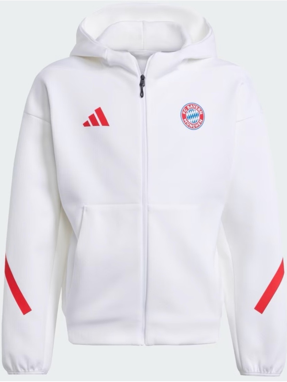 adidas White Kids FC Bayern Full-Zip Hoodie with Red Accents